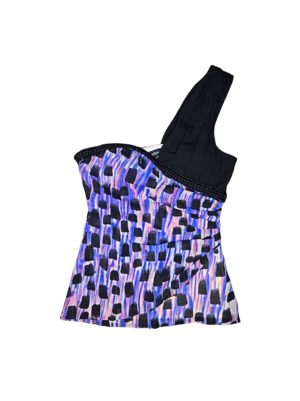 Y2k bebe One-Shoulder Purple & Black Patterned Top!
